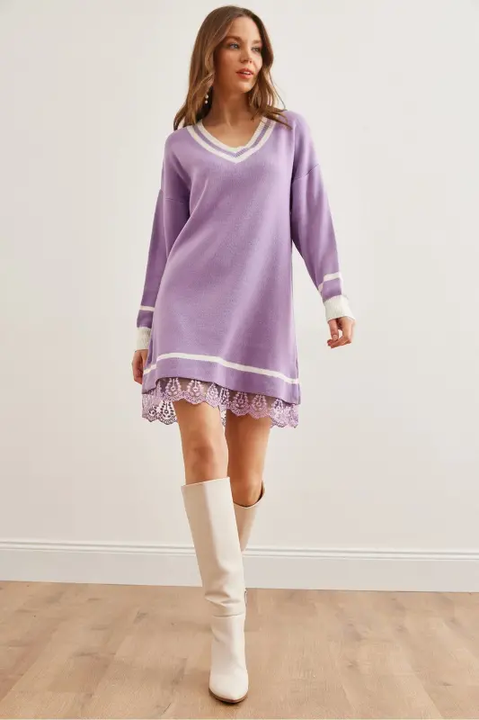 Women's Lilac V-Neck Lace Detailed Knitted Dress DR- - OLALOOK