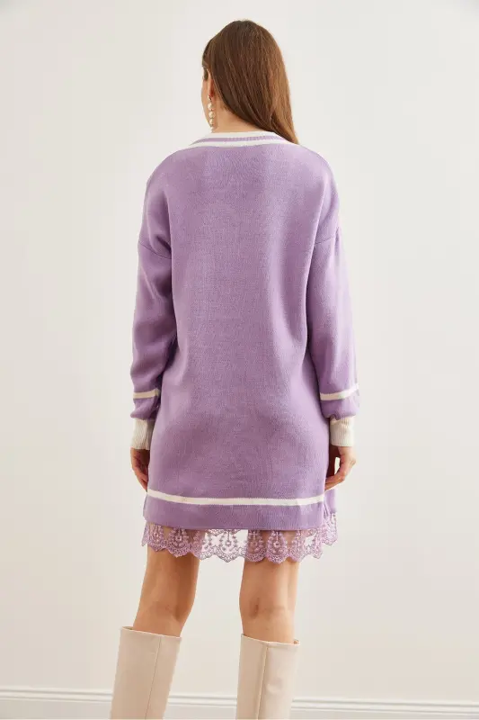 Women's Lilac V-Neck Lace Detailed Knitted Dress DR- - 7