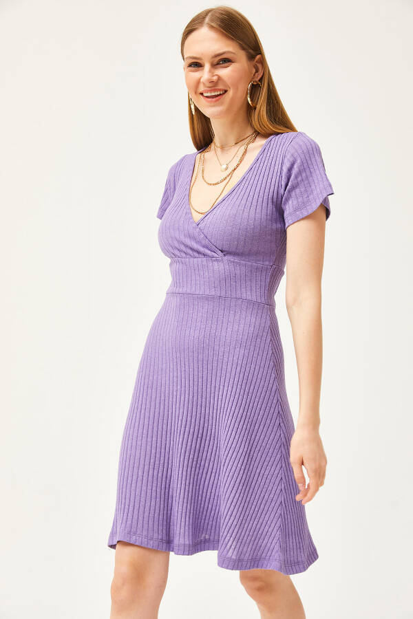 Women's Lilac Wrap V-Neck Short Sleeve Mini A-line Dress ELB-19002059 - 4