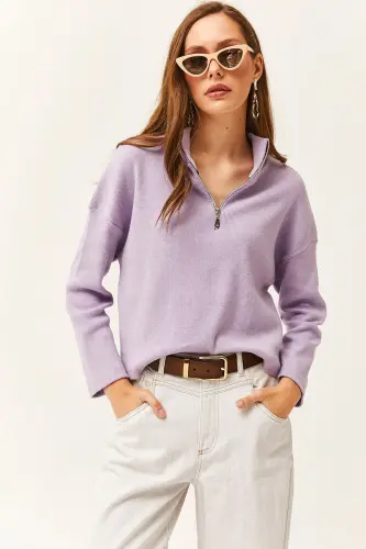 Women's Lilac Zippered High Neck Sweatshirt-Lilac 
