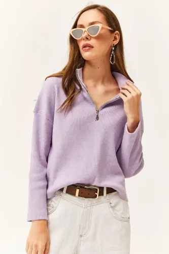 Women's Lilac Zippered High Neck Sweatshirt-Lilac - OLALOOK (1)