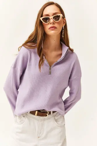 Women's Lilac Zippered High Neck Sweatshirt-Lilac - 3