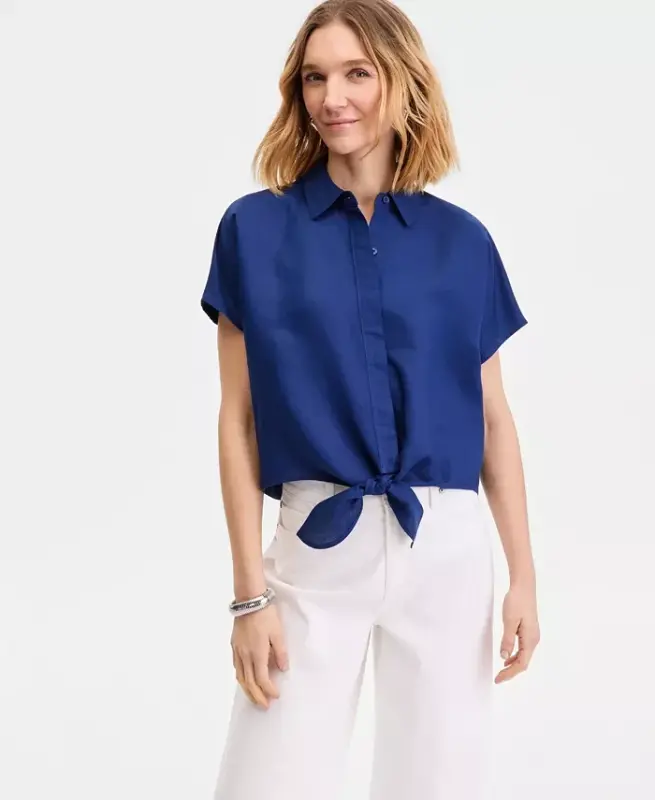 Women's Linen-Blend Tie-Front Blouse, Exclusively at Modazone - Blazing Navy - 1