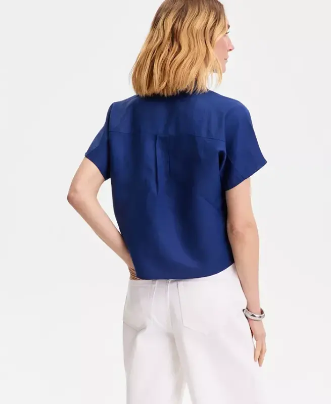Women's Linen-Blend Tie-Front Blouse, Exclusively at Modazone - Blazing Navy - 2