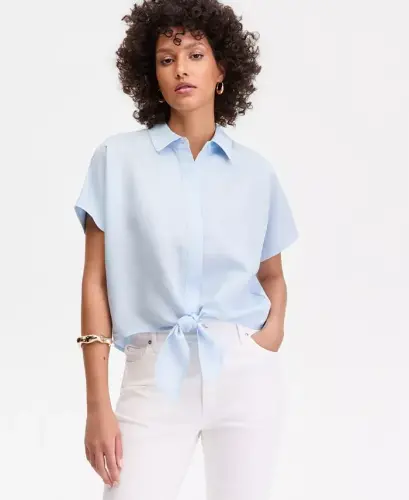 Women's Linen-Blend Tie-Front Blouse, Exclusively at Modazone - Bliss Blue 