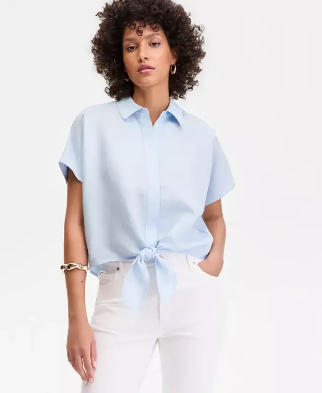 Women's Linen-Blend Tie-Front Blouse, Exclusively at Modazone - Bliss Blue - I.N.C. INTERNATIONAL CONCEPTS