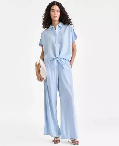 Women's Linen-Blend Tie-Front Blouse, Exclusively at Modazone - Bliss Blue - 2