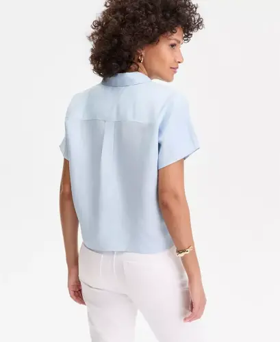 Women's Linen-Blend Tie-Front Blouse, Exclusively at Modazone - Bliss Blue - 3