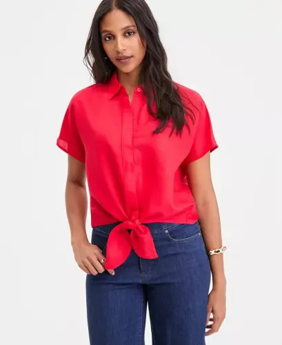 Women's Linen-Blend Tie-Front Blouse, Exclusively at Modazone - Cherry Flame - 1