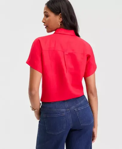 Women's Linen-Blend Tie-Front Blouse, Exclusively at Modazone - Cherry Flame - 3