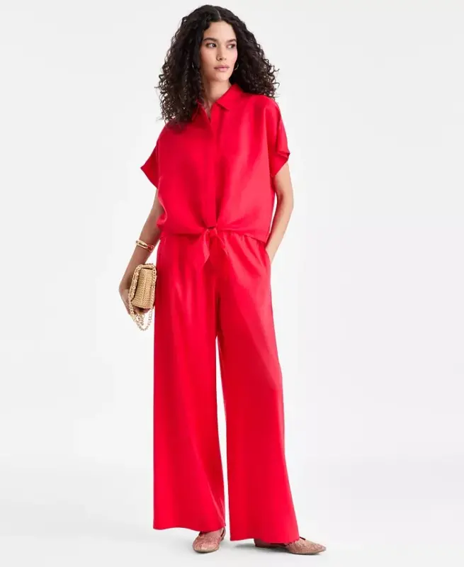 Women's Linen-Blend Tie-Front Blouse, Exclusively at Modazone - Cherry Flame - 2