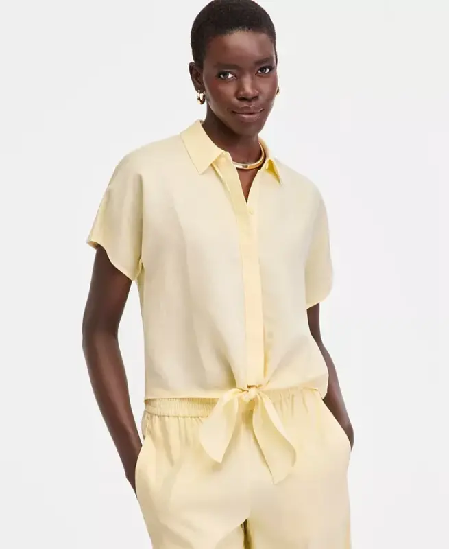 Women's Linen-Blend Tie-Front Blouse, Exclusively at Modazone - Yellow Mist - 1