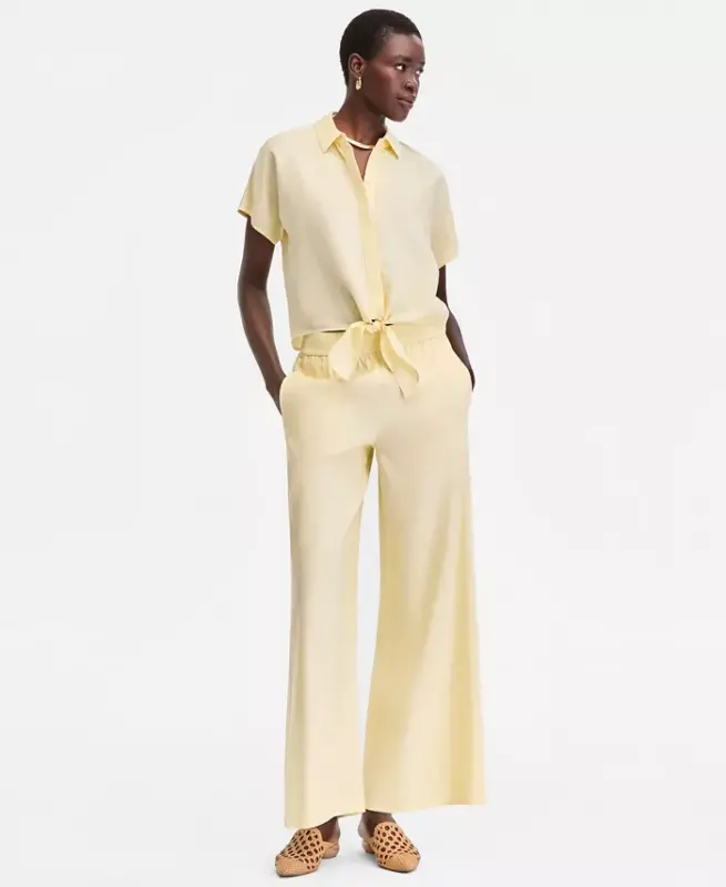 Women's Linen-Blend Tie-Front Blouse, Exclusively at Modazone - Yellow Mist - 4