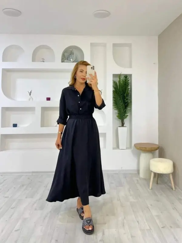 Women's Linen Fabric Shirt And Skirt Set Two Piece - 1