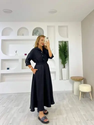 Women's Linen Fabric Shirt And Skirt Set Two Piece - BÜYÜKBEDENIZ (1)