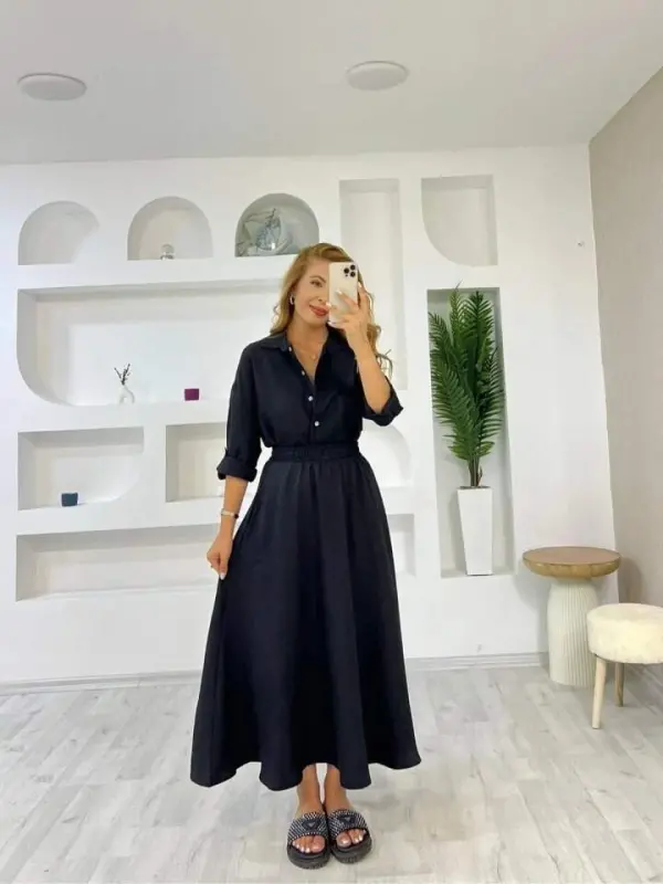 Women's Linen Fabric Shirt And Skirt Set Two Piece - 3