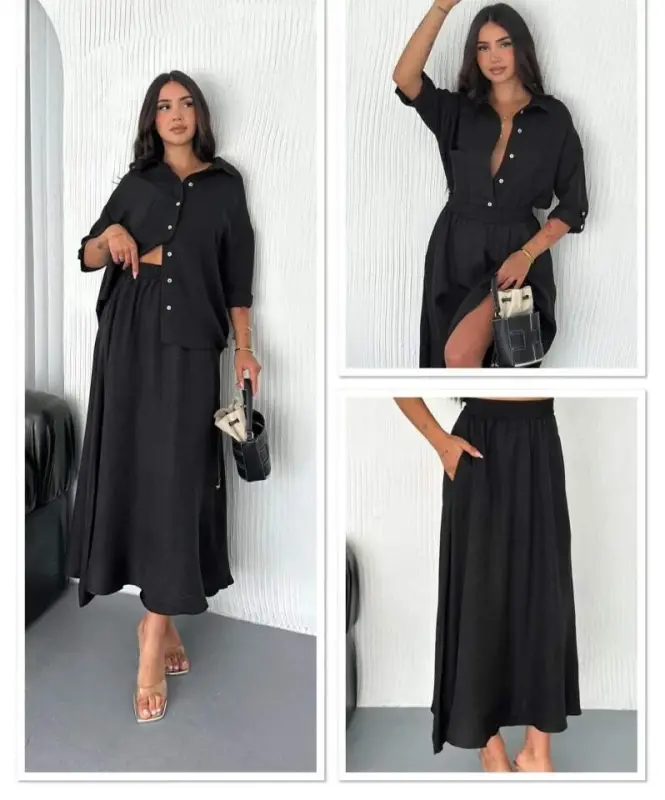 Women's Linen Fabric Shirt And Skirt Set Two Piece - 5