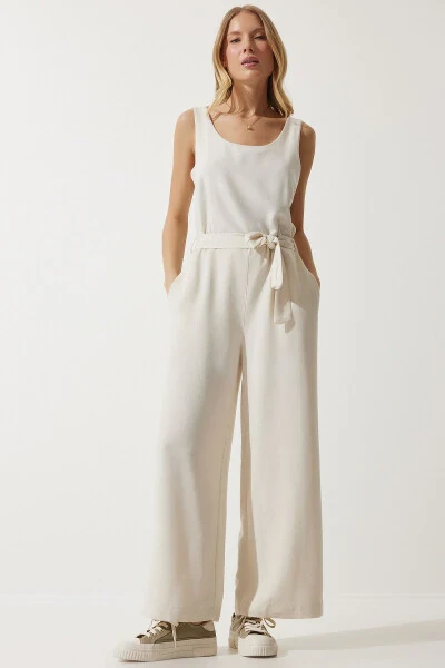 Women's Linen Jumpsuit with Cream Belt MC00282 - HAPPINESS İSTANBUL