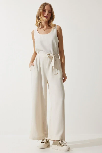Women's Linen Jumpsuit with Cream Belt MC00282 - HAPPINESS İSTANBUL (1)