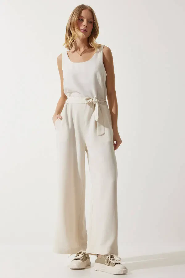 Women's Linen Jumpsuit with Cream Belt MC00282 - 2