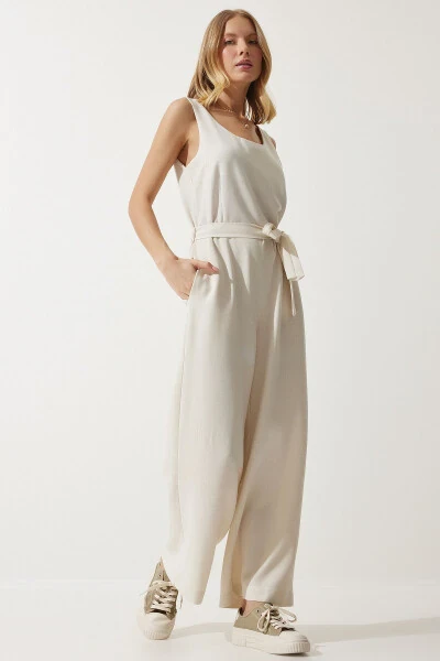 Women's Linen Jumpsuit with Cream Belt MC00282 - 3