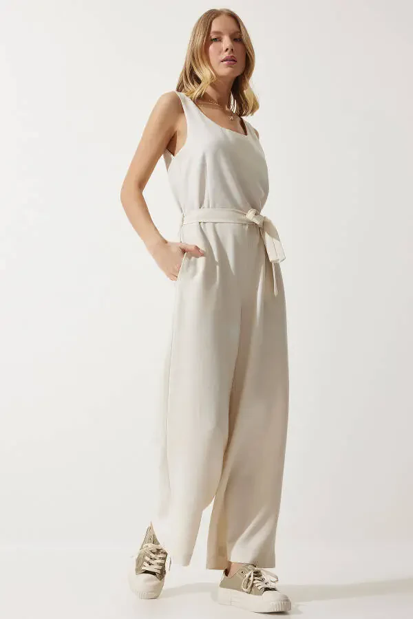 Women's Linen Jumpsuit with Cream Belt MC00282 - 3