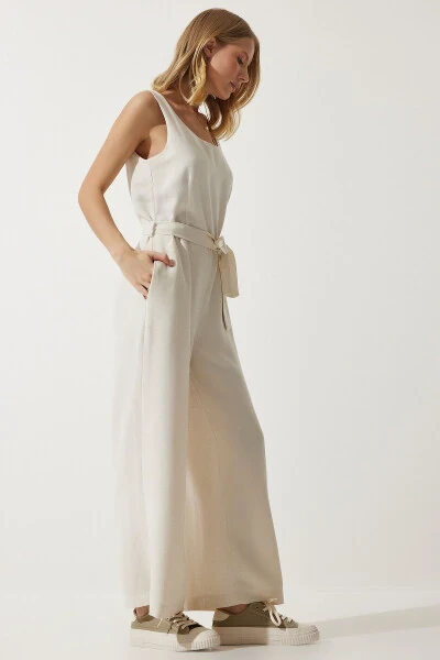 Women's Linen Jumpsuit with Cream Belt MC00282 - 4