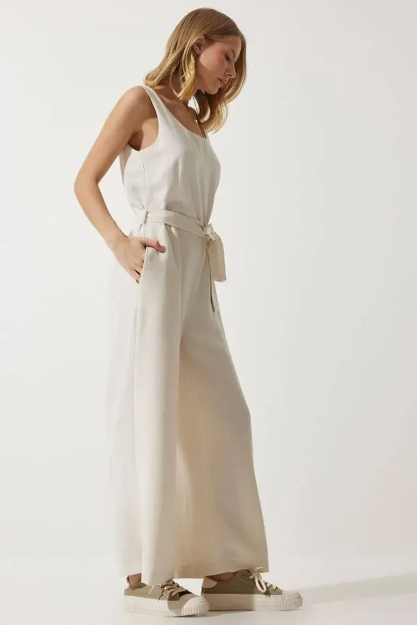Women's Linen Jumpsuit with Cream Belt MC00282 - 4