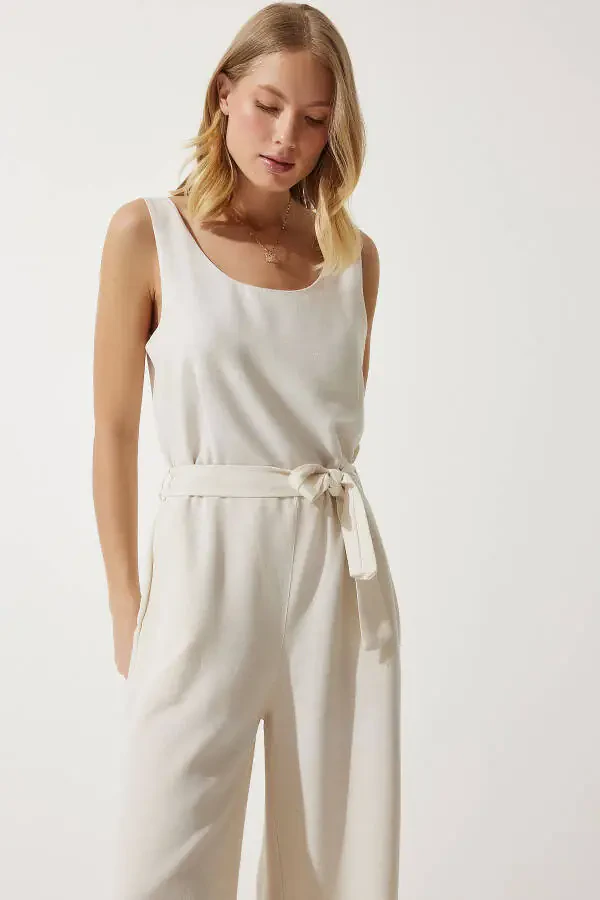 Women's Linen Jumpsuit with Cream Belt MC00282 - 5