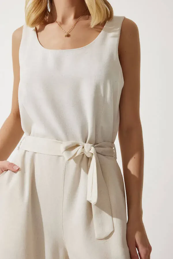 Women's Linen Jumpsuit with Cream Belt MC00282 - 6