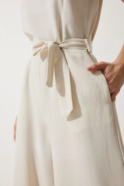 Women's Linen Jumpsuit with Cream Belt MC00282 - 7