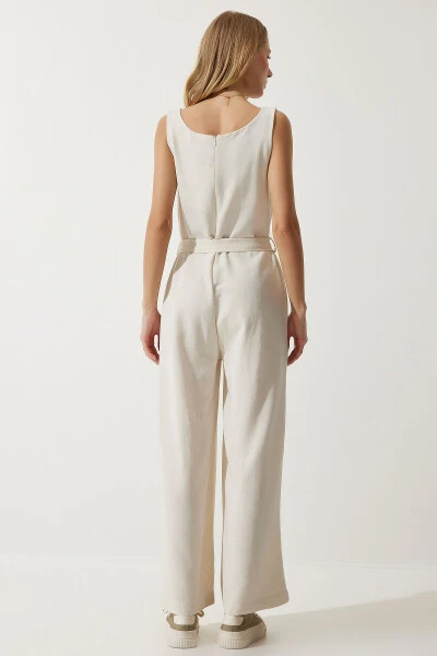 Women's Linen Jumpsuit with Cream Belt MC00282 - 8