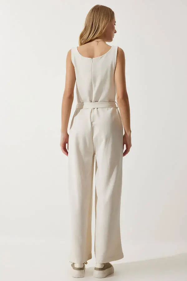 Women's Linen Jumpsuit with Cream Belt MC00282 - 8