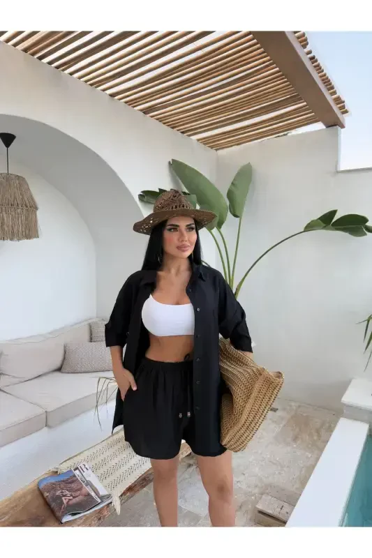 Women's Linen Oversize Shirt and Shorts Set - 1