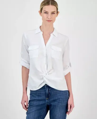 Women's Linen Twist-Hem Blouse, Created for Modazone-Bright White 