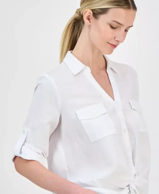 Women's Linen Twist-Hem Blouse, Created for Modazone-Bright White - 3
