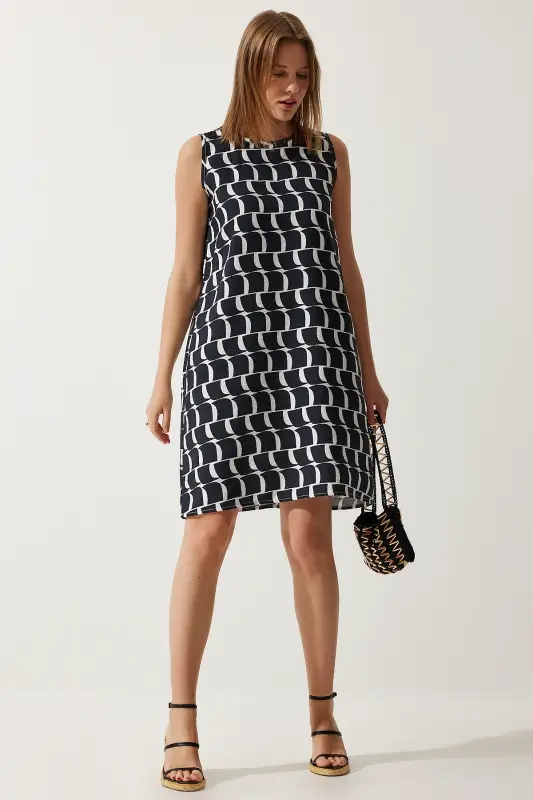 Women's Live Black Ecru Patterned Summer Bell Dress BV00053-Live Black Ecru - HAPPINESS İSTANBUL