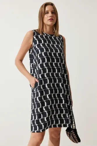 Women's Live Black Ecru Patterned Summer Bell Dress BV00053-Live Black Ecru - 2