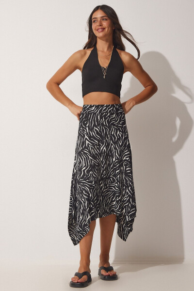 Women's Live Black Patterned Asymmetric Knitted Skirt MC00177 - HAPPINESS İSTANBUL