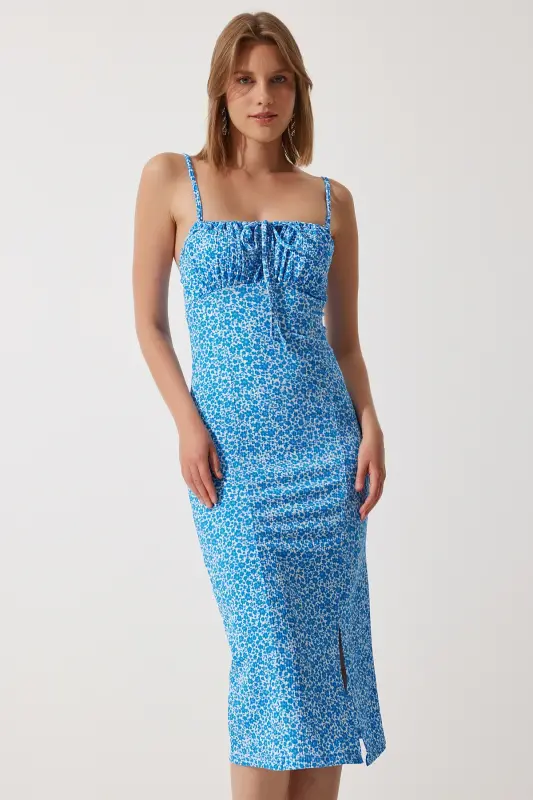 Women's Live Blue Floral Slit Summer Knitted Dress CI00029-Live Blue - 2