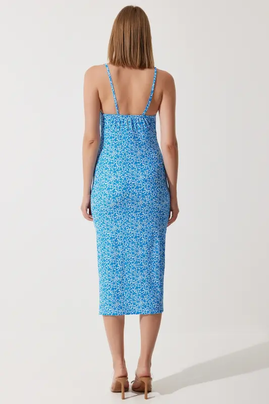 Women's Live Blue Floral Slit Summer Knitted Dress CI00029-Live Blue - 5