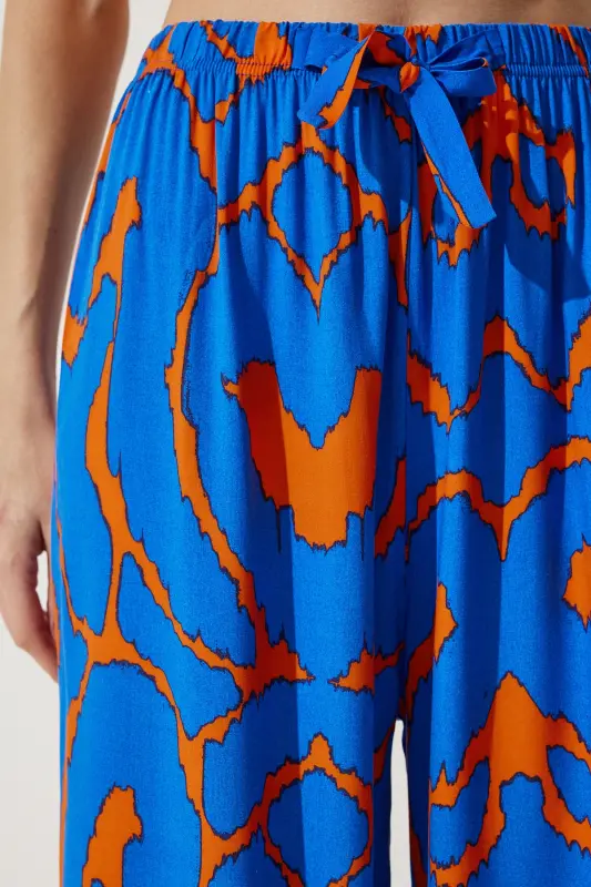 Women's Live Blue Orange Patterned Flowy Viscose Palazzo Pants EN00606-Live Blue Orange - HAPPINESS İSTANBUL