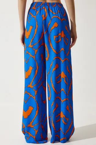 Women's Live Blue Orange Patterned Flowy Viscose Palazzo Pants EN00606-Live Blue Orange - HAPPINESS İSTANBUL (1)