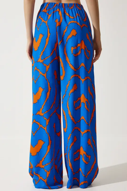 Women's Live Blue Orange Patterned Flowy Viscose Palazzo Pants EN00606-Live Blue Orange - 2