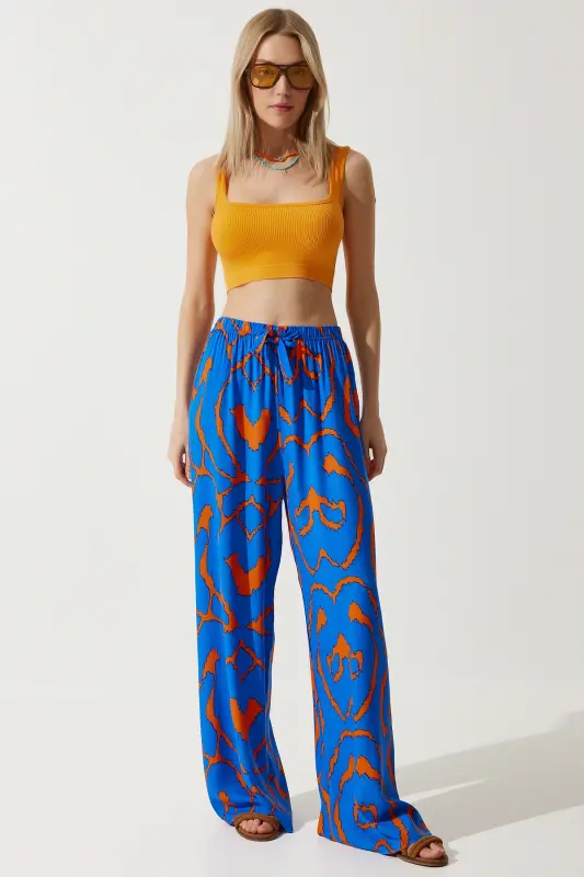 Women's Live Blue Orange Patterned Flowy Viscose Palazzo Pants EN00606-Live Blue Orange - 3