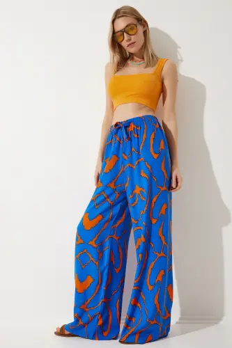 Women's Live Blue Orange Patterned Flowy Viscose Palazzo Pants EN00606-Live Blue Orange - 5