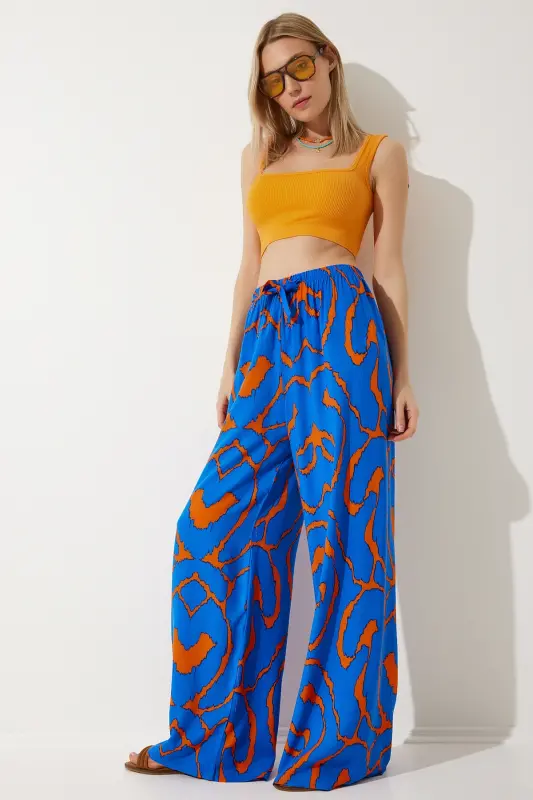 Women's Live Blue Orange Patterned Flowy Viscose Palazzo Pants EN00606-Live Blue Orange - 5