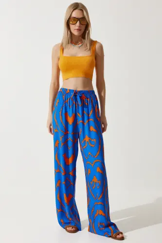 Women's Live Blue Orange Patterned Flowy Viscose Palazzo Pants EN00606-Live Blue Orange - 4