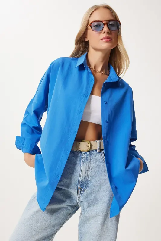 Women's Live Blue Oversize Long Basic Shirt DD00842-Live Blue - 1