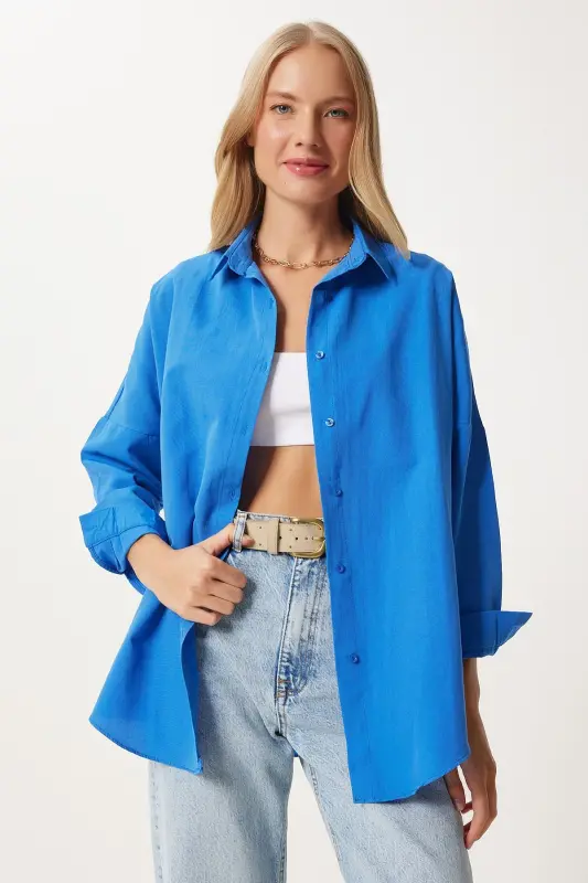 Women's Live Blue Oversize Long Basic Shirt DD00842-Live Blue - 4